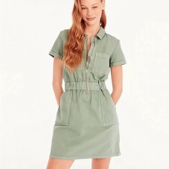 J. Crew Zip Front Chino Gray Green Pocket Utility Dress size 8 - Picture 3 of 16